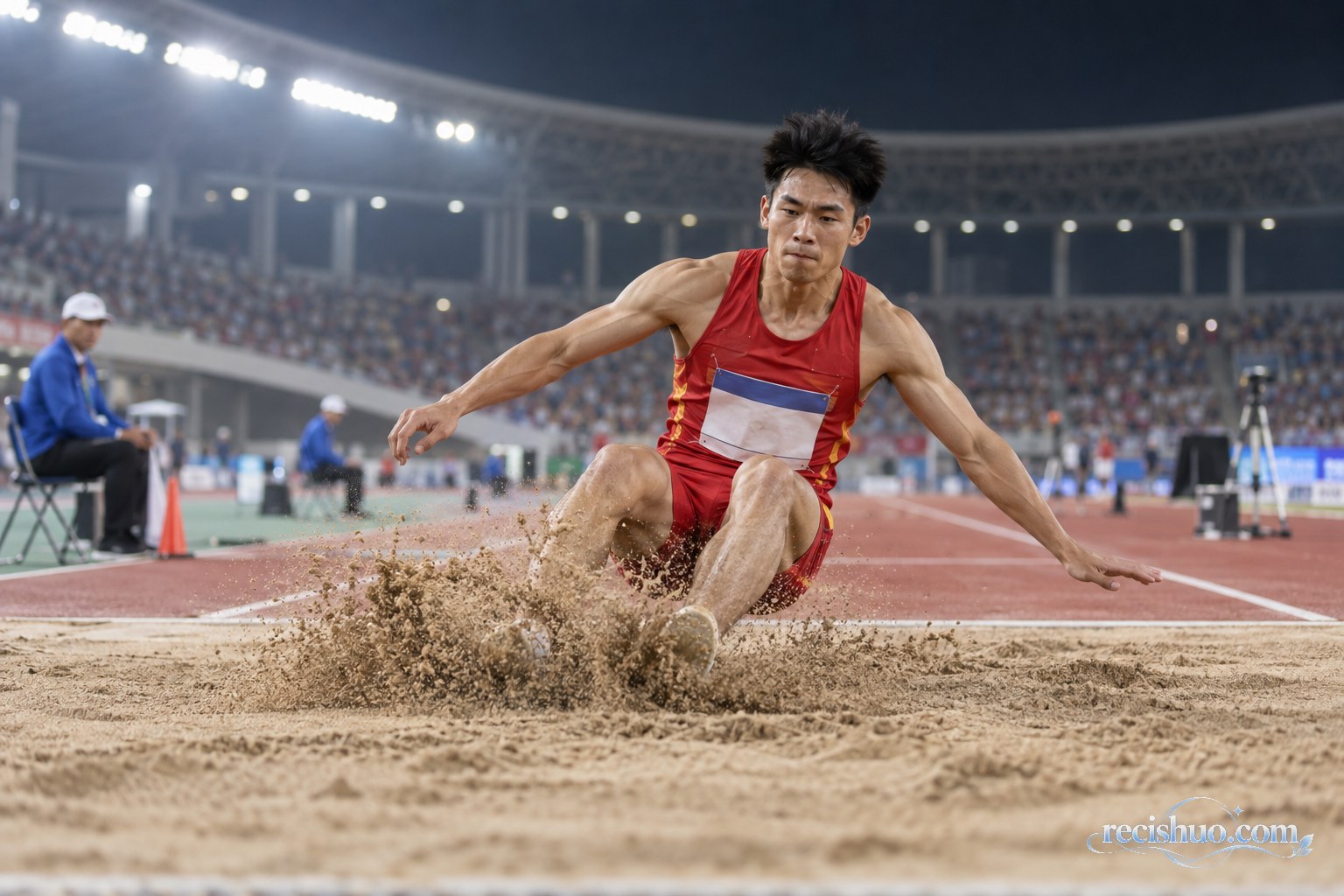 夜间田径赛场上身穿红色比赛服的男子三级跳远运动员落入沙坑