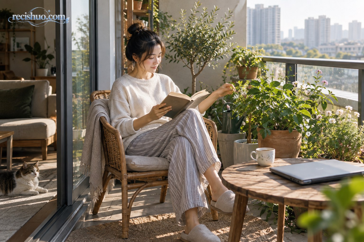 年轻人在假期清晨的阳台阅读并照料绿植