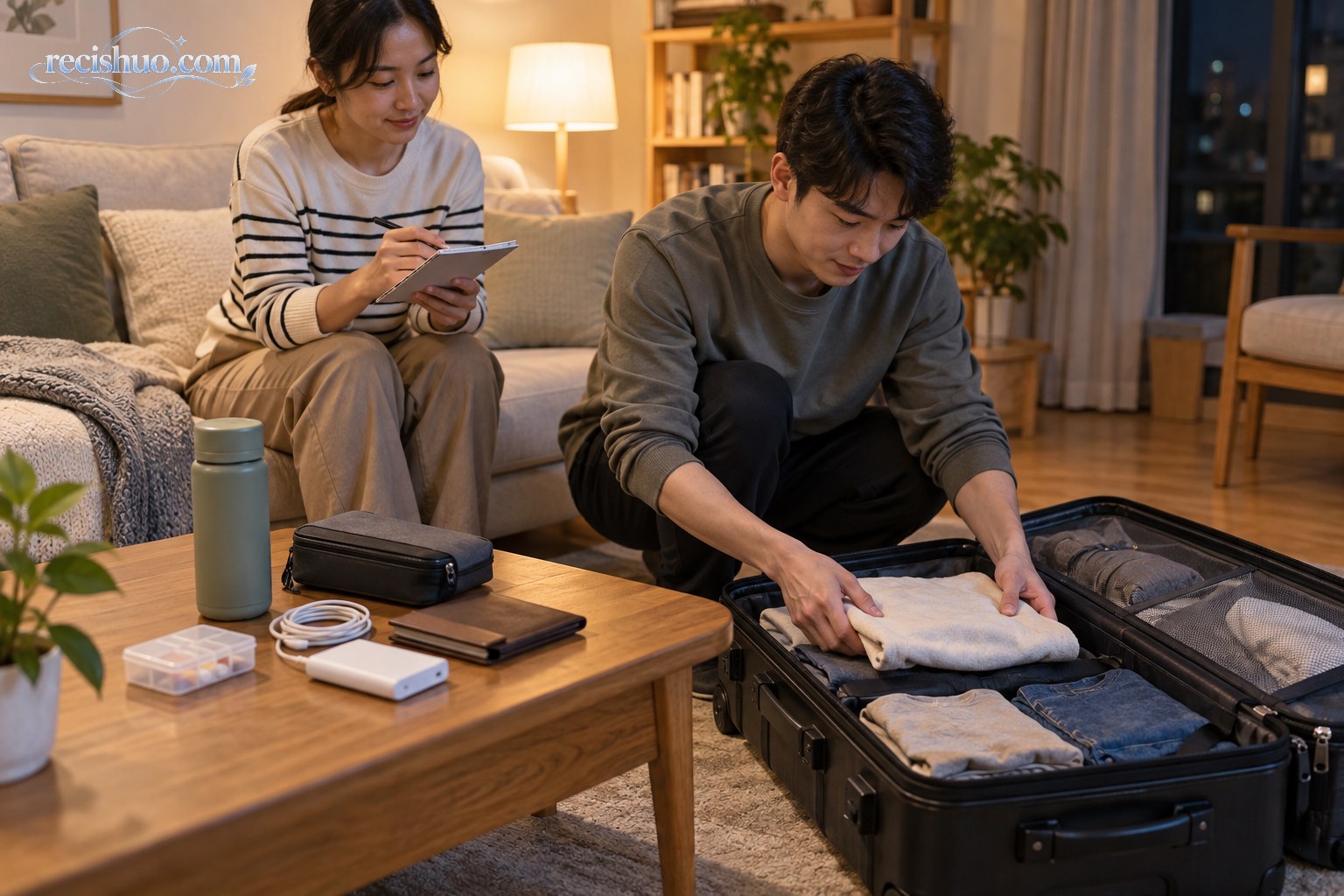 年轻人在家中整理旅行箱并检查充电设备等随身用品