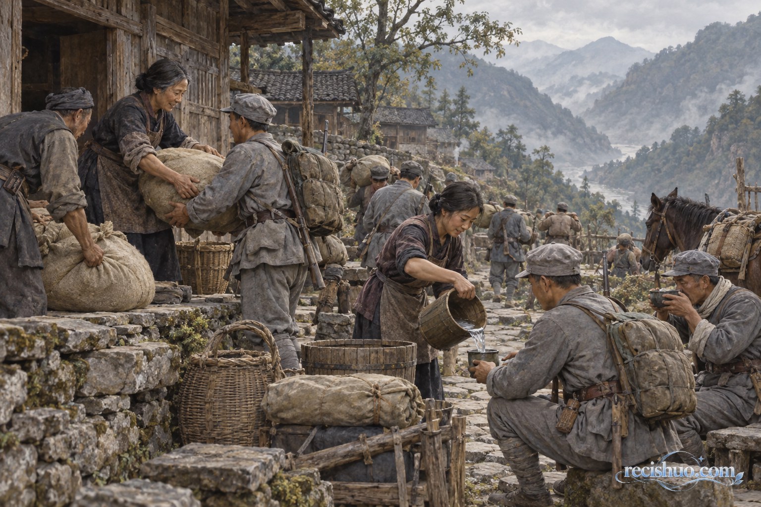 山地村落中，群众与行军人员协力搬运物资并递送清水