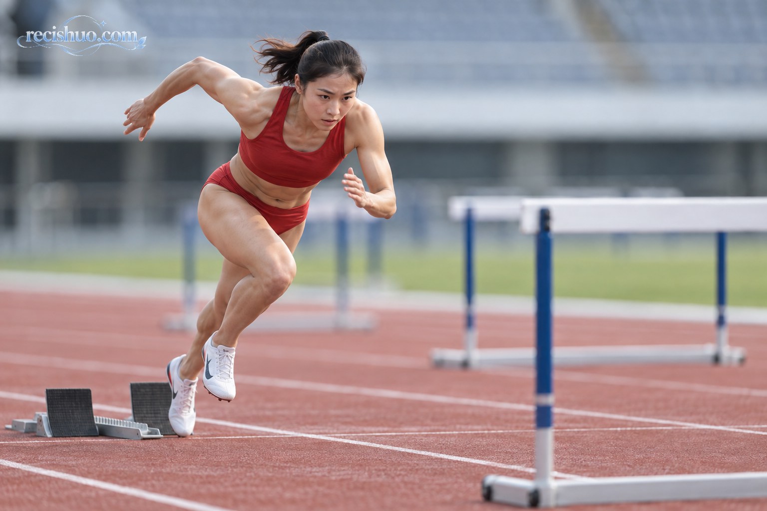 女子跨栏运动员从起跑器加速奔向第一栏的技术示意图