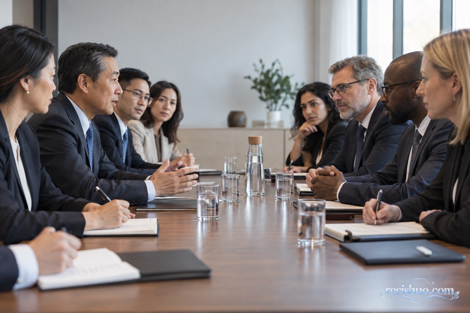 不同背景的代表在会议桌两侧平等交流,桌上摆放笔记本与水杯