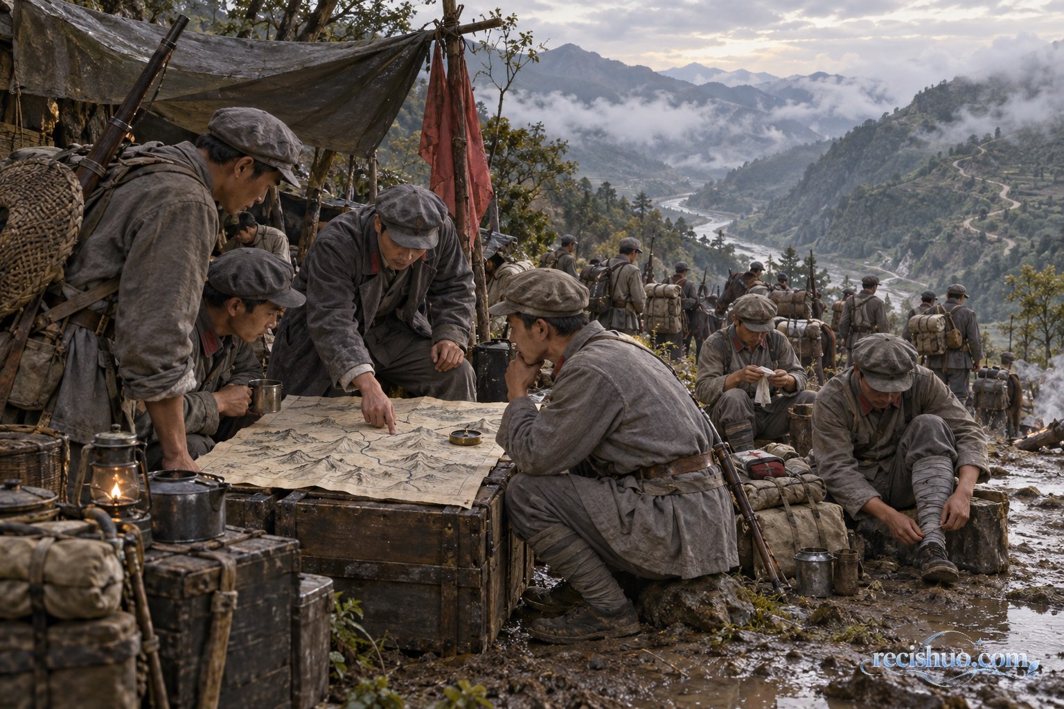 雨后宿营地里，行军人员讨论路线并整理药包和行装