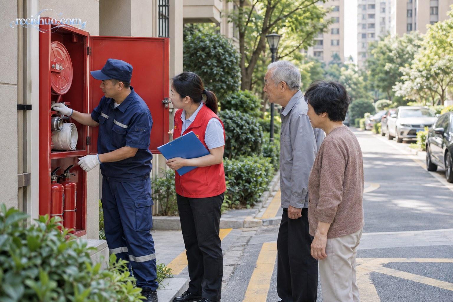 社区工作者与维修人员带领居民检查消防设施的基层安全治理场景
