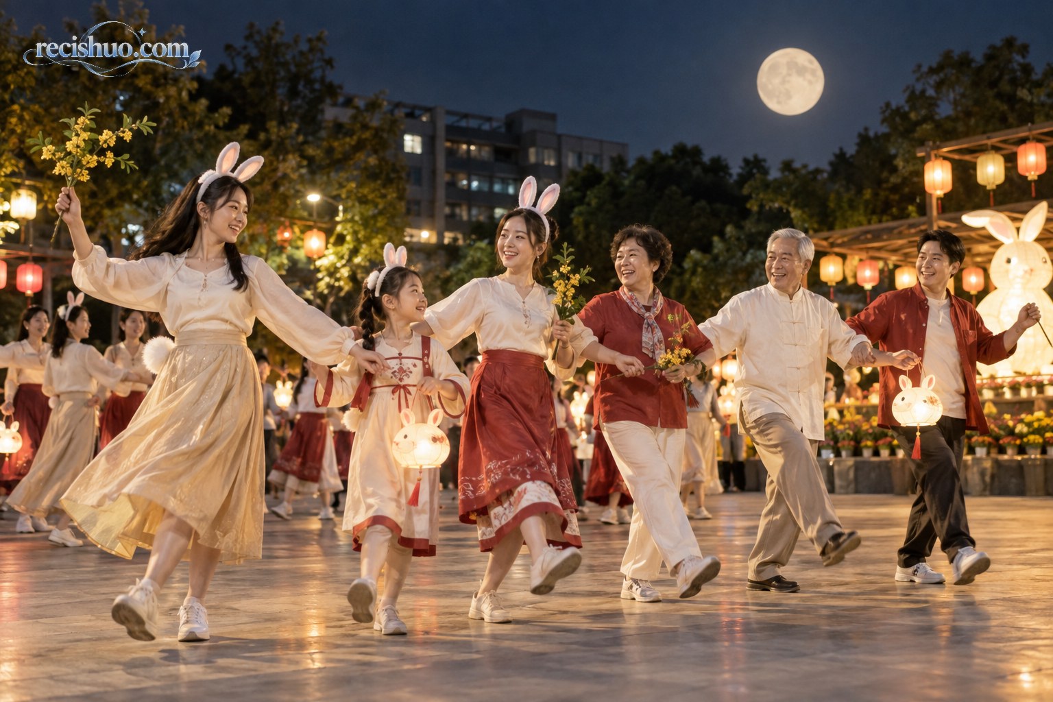 中秋月夜的社区广场上,不同年龄的参与者提着兔子灯一起表演节庆舞蹈