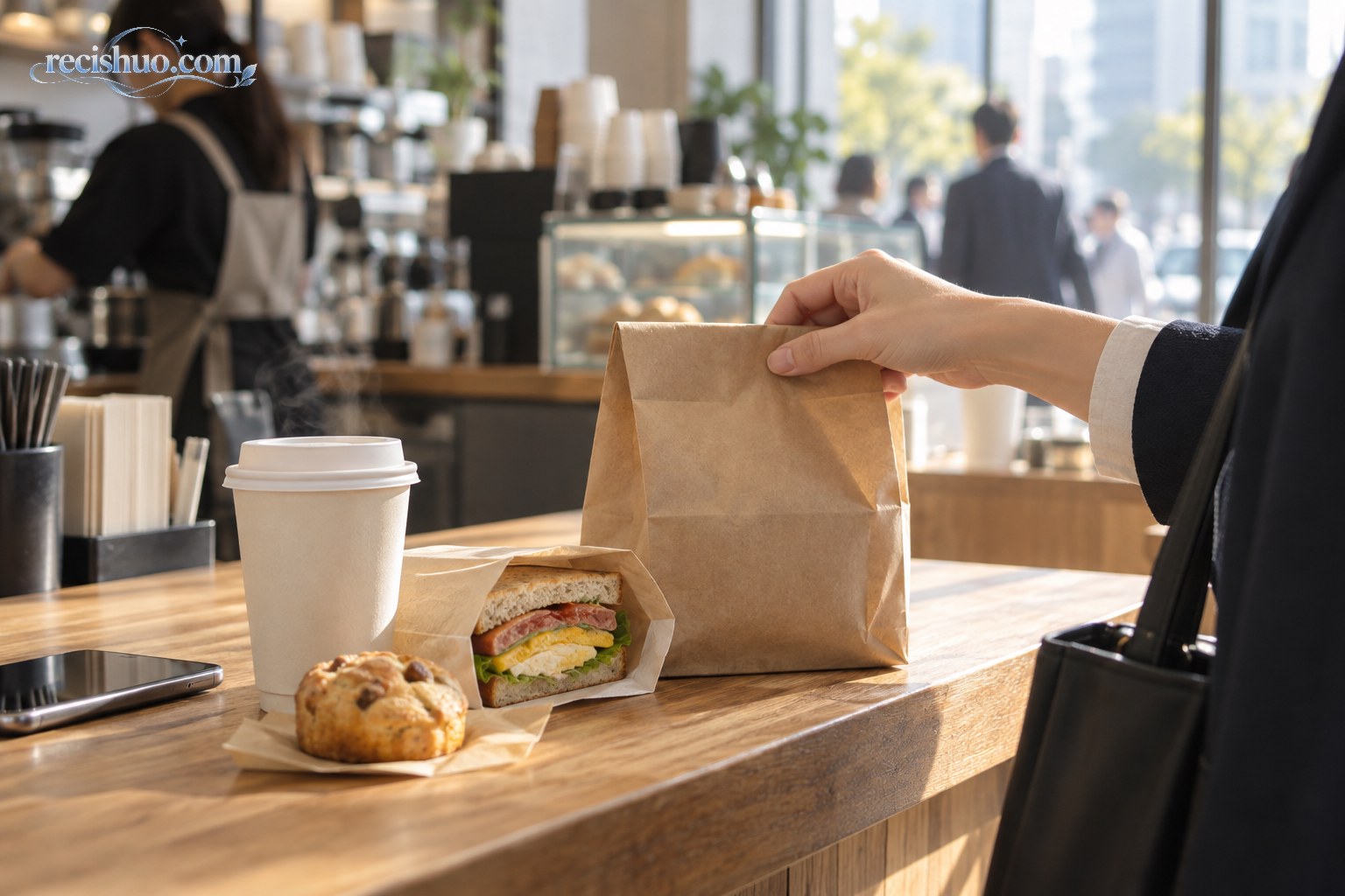 茶饮店取餐台上的热咖啡、三明治与早餐点心