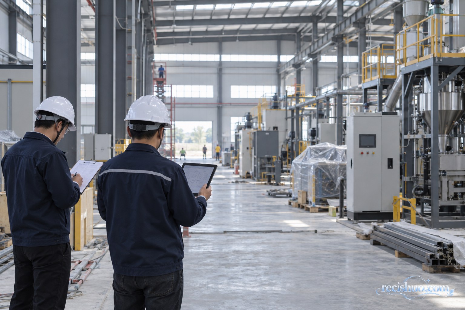 核验人员在尚未完全投产的厂房内检查设备与建设进度