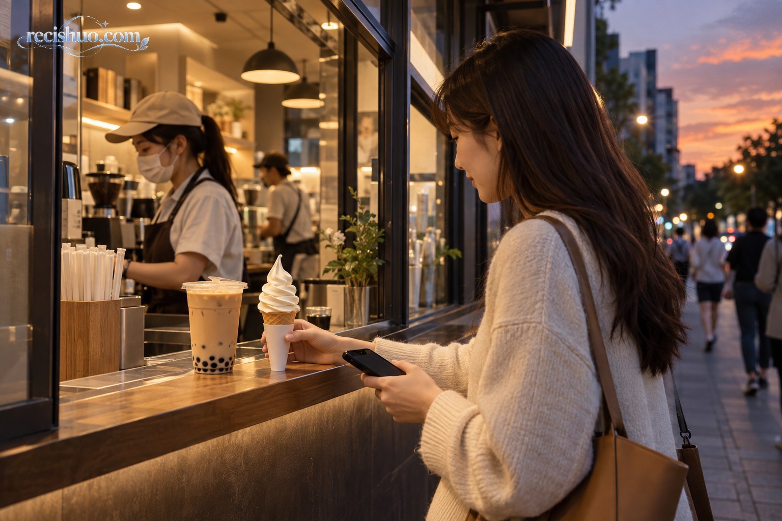 傍晚顾客在茶饮店窗口取走奶茶和冰淇淋
