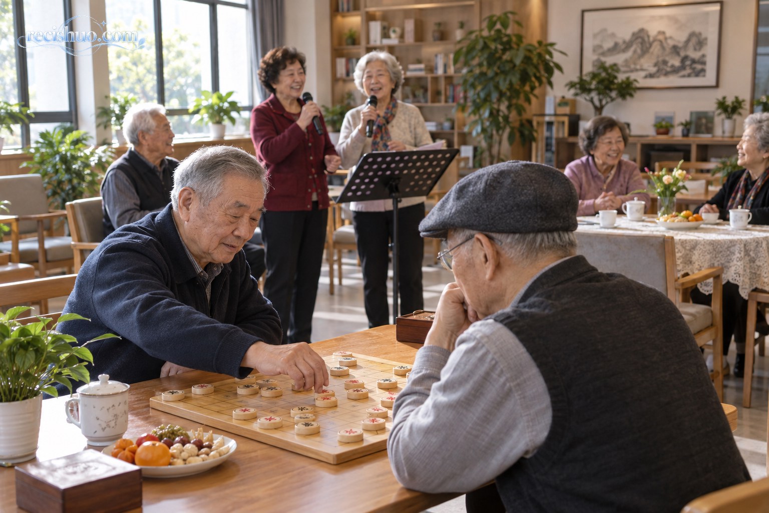 老年朋友在活动室下象棋、唱歌和聊天，桌上摆有茶点