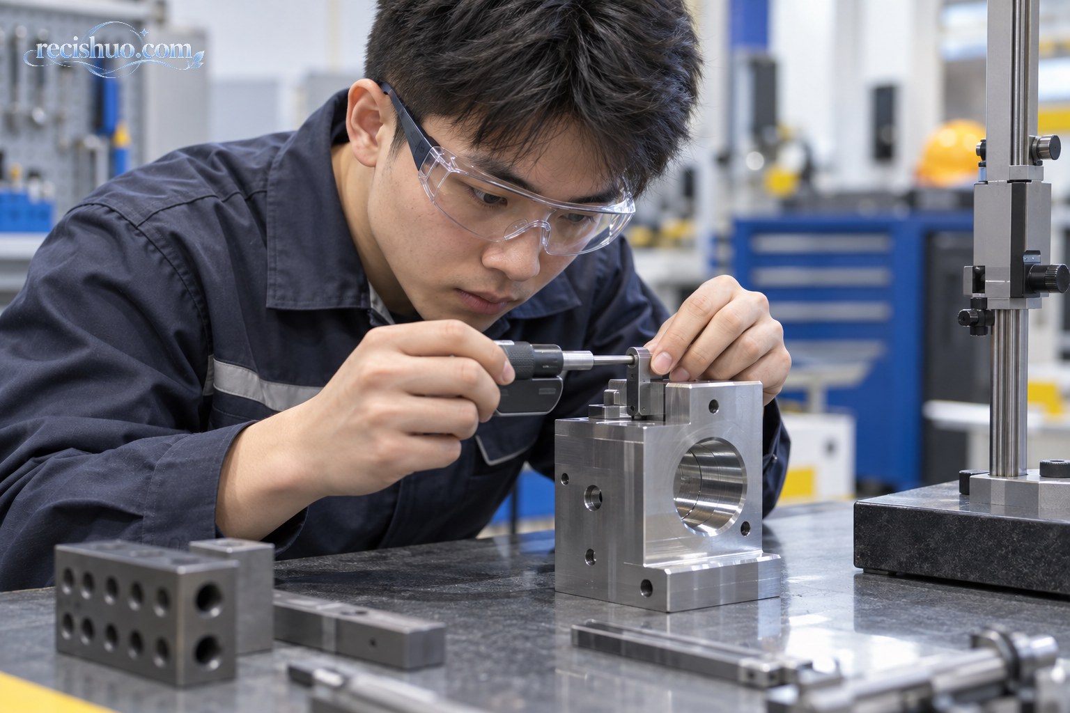 青年技术选手使用精密量具检查金属工件