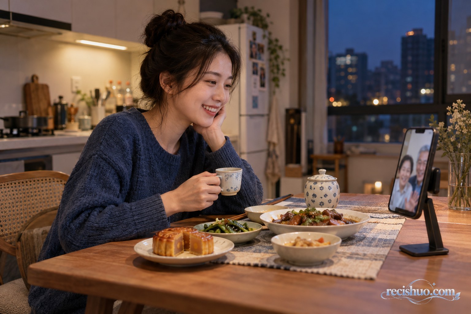 年轻人在中秋夜边吃家常菜边与远方家人视频通话