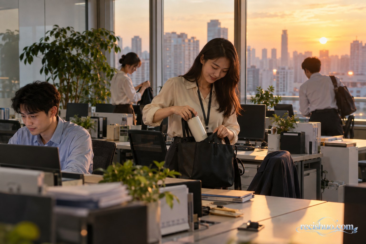 初秋傍晚的办公室里,上班族一边完成工作一边整理随身物品