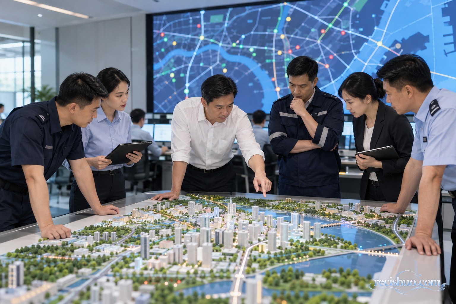 城市应急指挥中心内多部门工作人员围绕城市沙盘协同研判风险