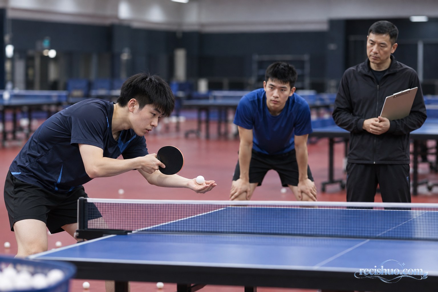 男子乒乓球队员在教练观察下进行发球训练和赛后复盘