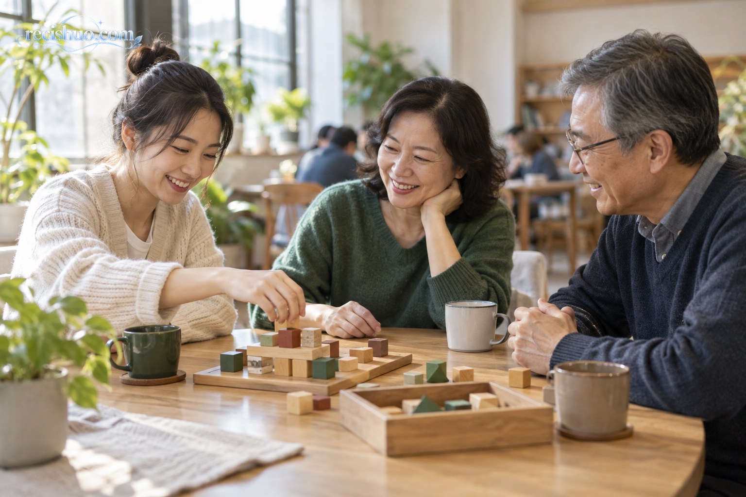 不同年龄的成年人在社区活动空间围桌玩木质游戏