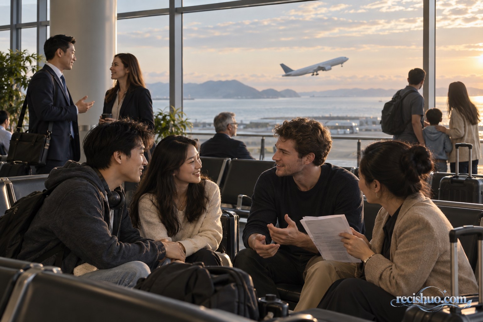 国际机场候机区内不同国家的旅客自然交流，窗外客机正在起飞