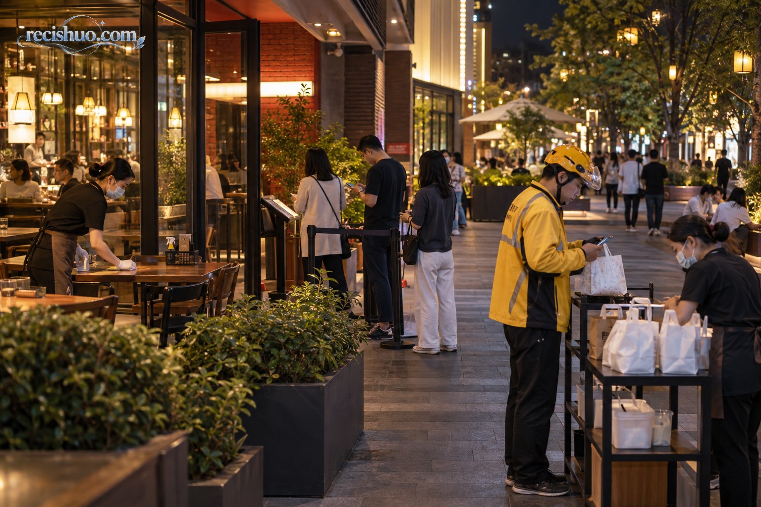 夜间商圈内顾客有序候位,配送员与店员在餐饮门店外忙碌
