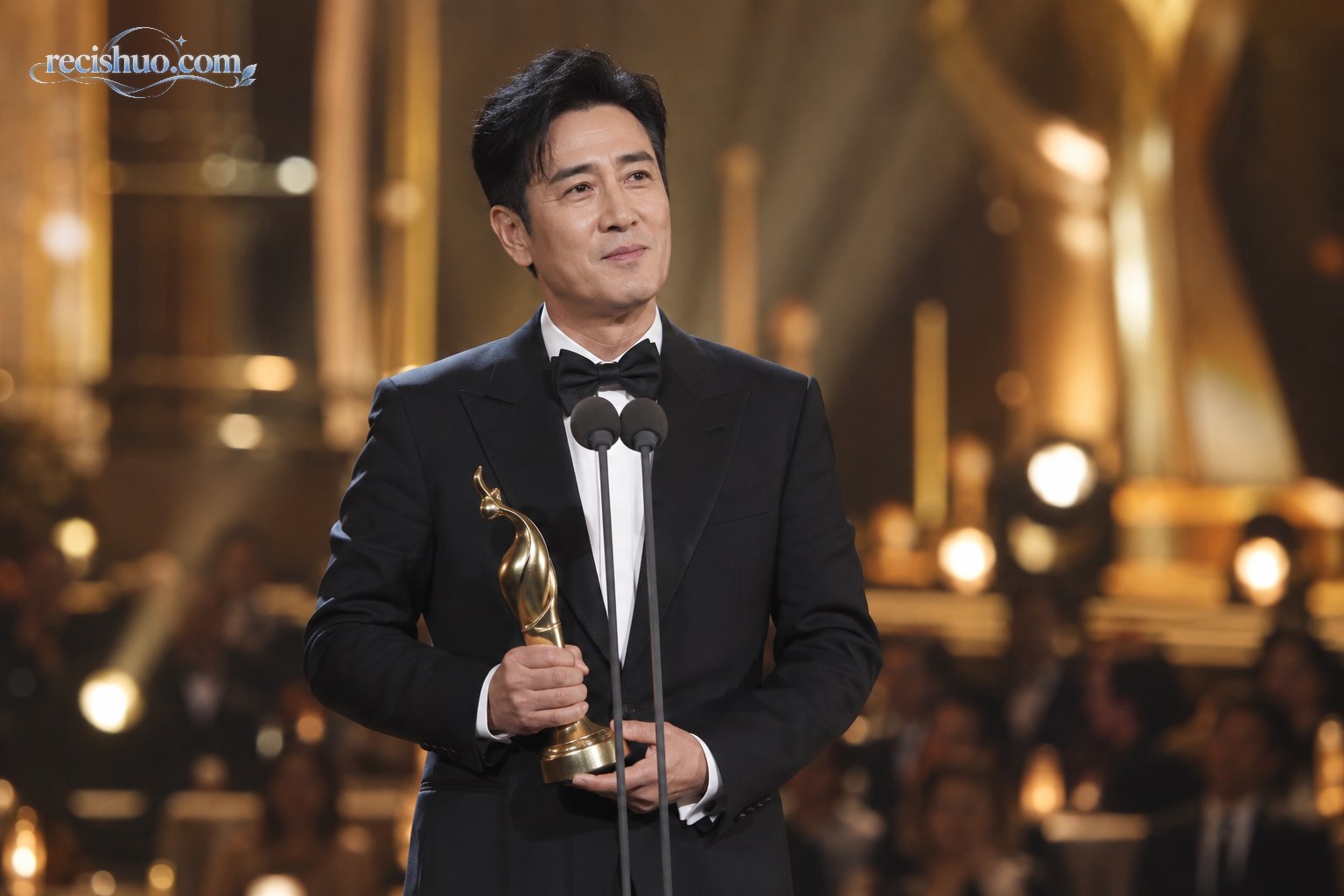 于和伟在暖金色颁奖礼舞台上手持奖杯的庄重瞬间