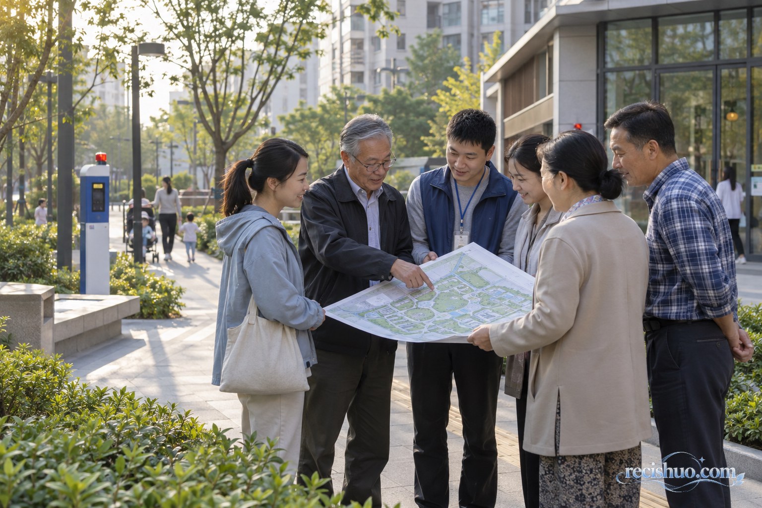 居民与社区工作人员在现代街区共同查看社区示意图的纪实场景