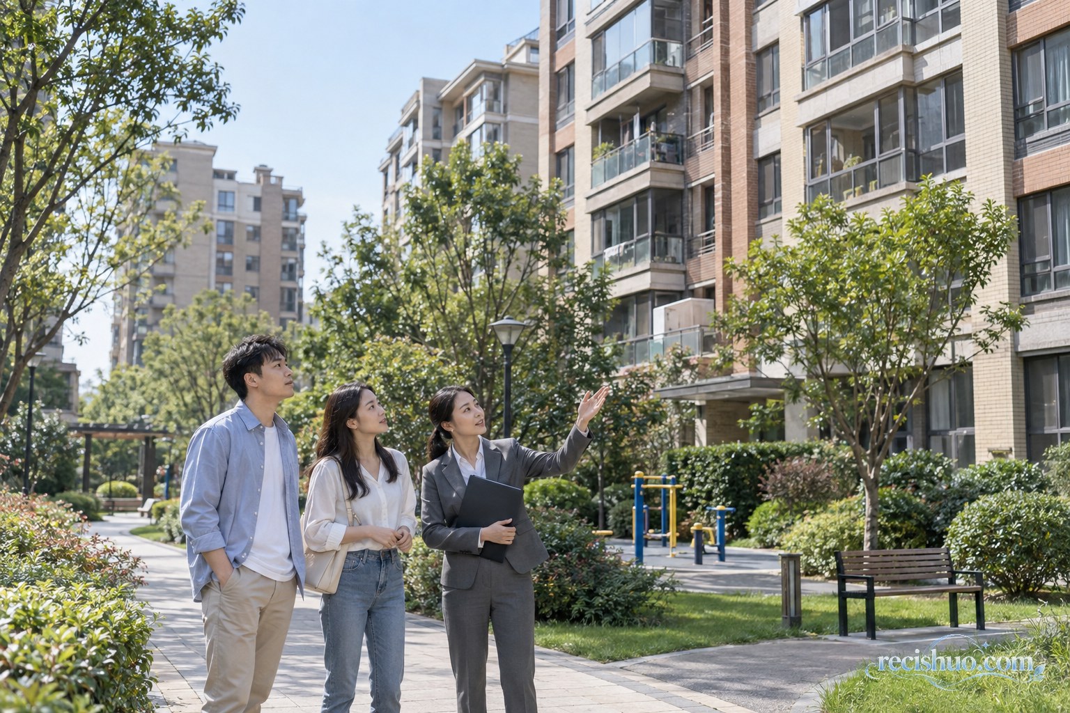 年轻购房者在经纪人陪同下实地查看成熟住宅小区