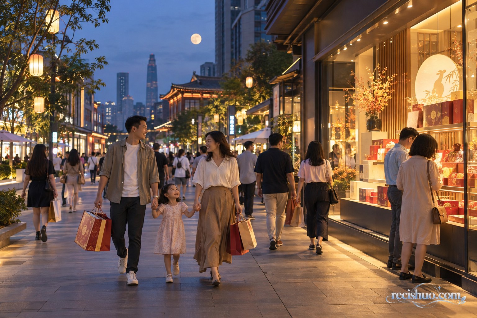 中秋夜幕下,一家人在灯火明亮的城市商业街购物散步