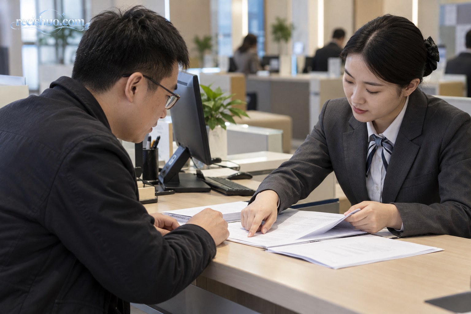 购房者在金融服务柜台逐页核对住房贷款合同材料