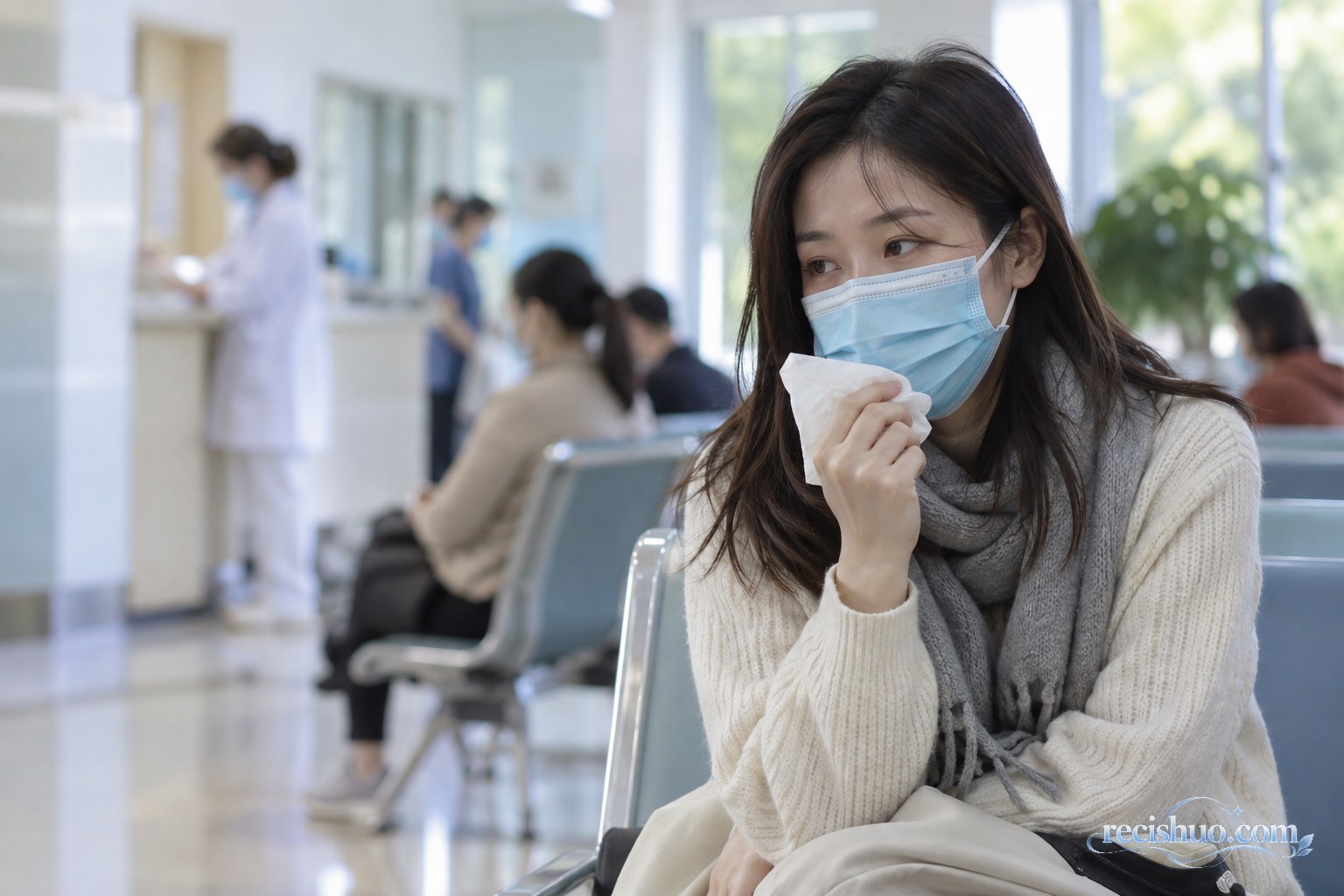 戴口罩的年轻女性手持纸巾坐在社区门诊候诊区