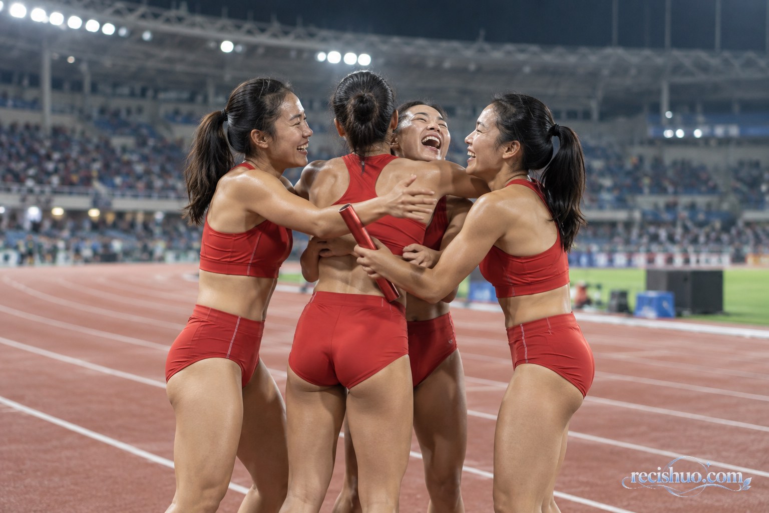 四名女子接力选手赛后在跑道边拥抱庆祝