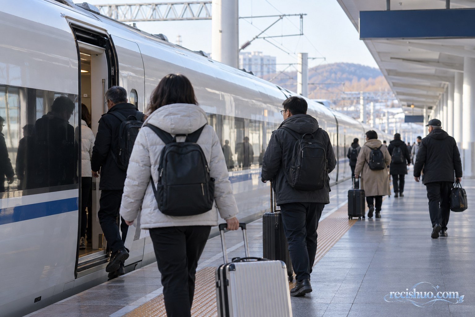 旅客携带行李在东北地区现代高铁站台有序登车