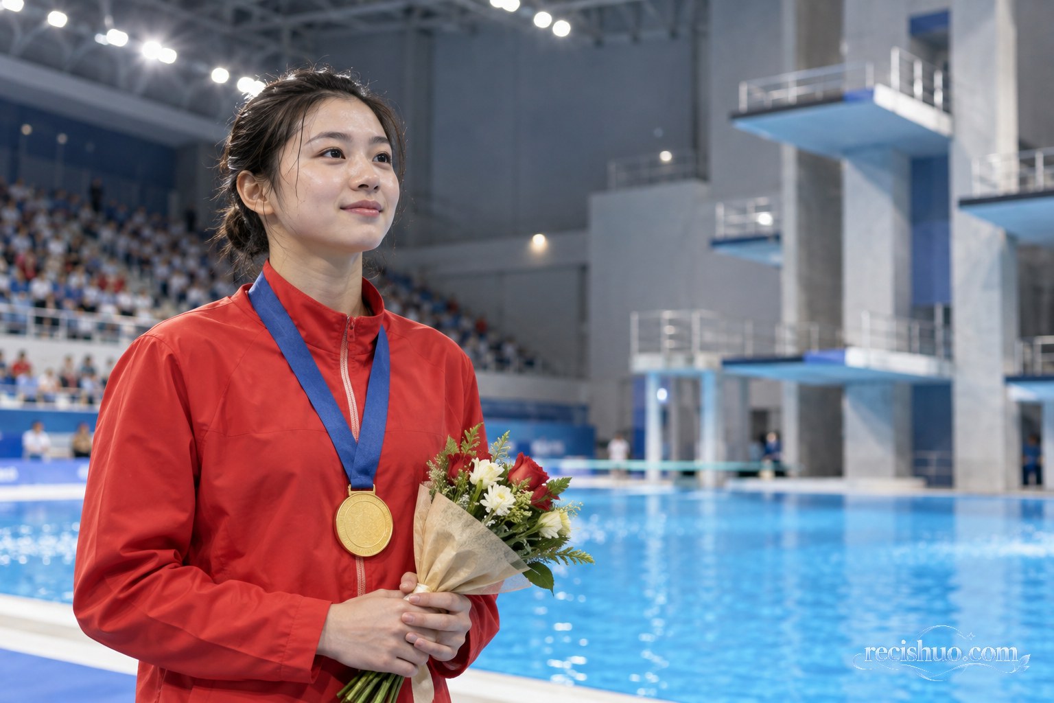 女子跳水运动员在室内跳水馆佩戴金色奖牌并手捧鲜花的体育摄影示意图