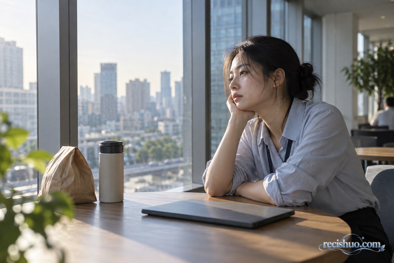 清晨办公楼休息区内,一名疲惫的职场人坐在窗边短暂休息
