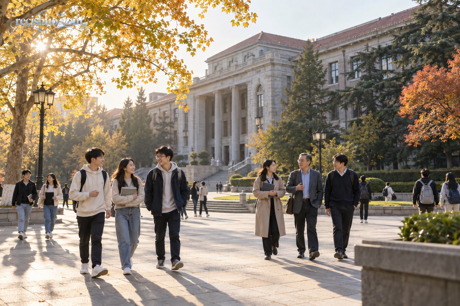 秋日晨光下大学师生走过教学楼前的校园广场