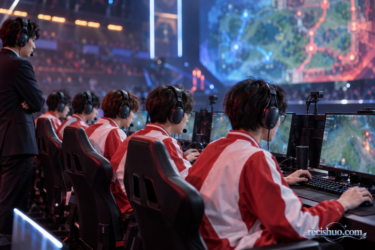 五名电竞选手在比赛席协同操作并观察战场资源变化