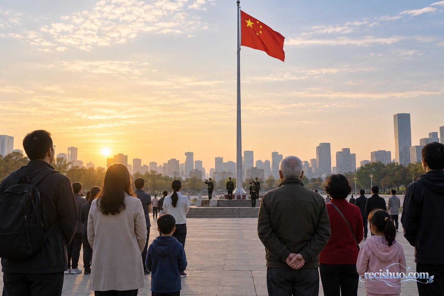 朝阳下的城市广场举行升旗仪式，市民肃立注视五星红旗