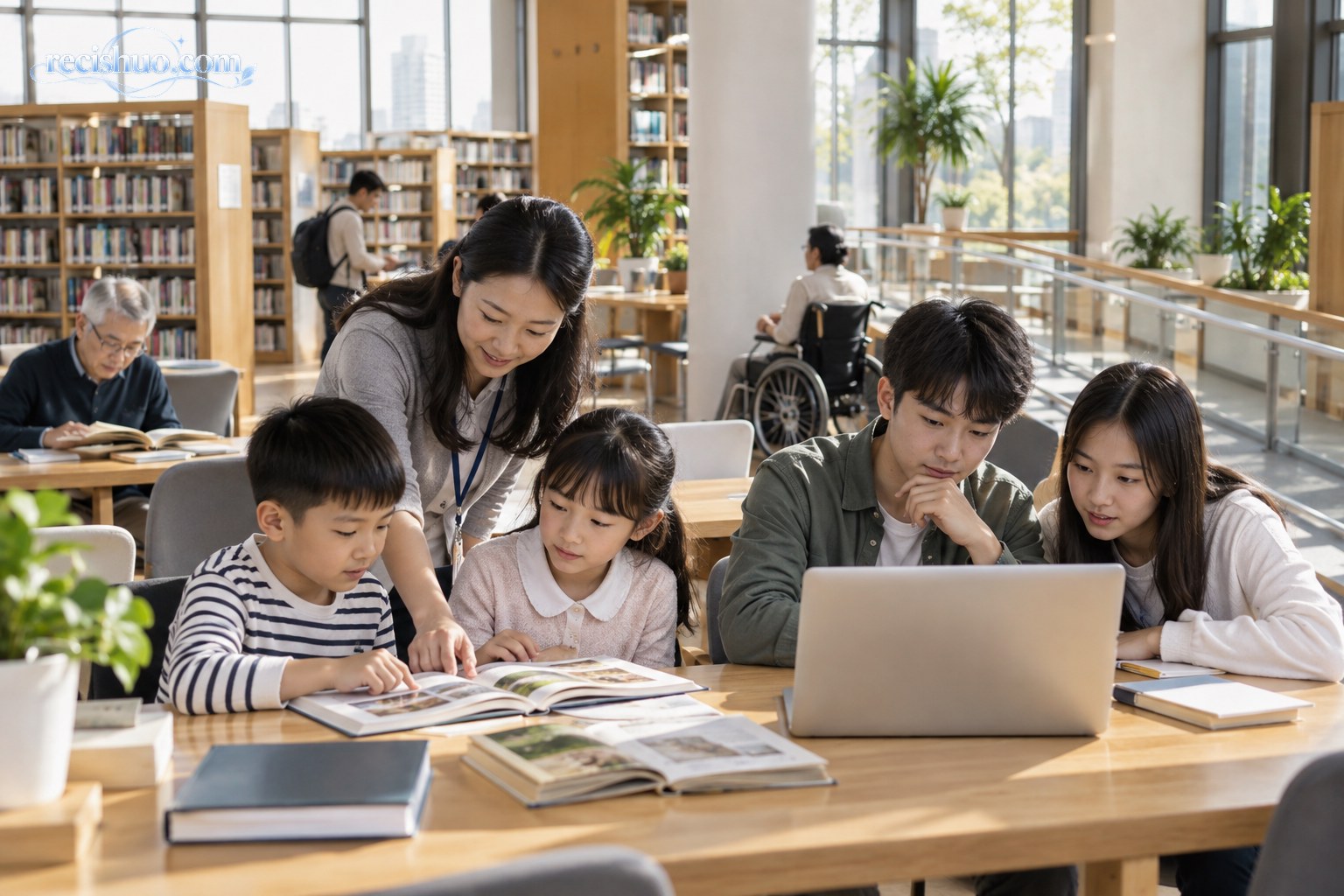 教师在公共图书馆指导不同年龄段学生阅读和使用电脑学习