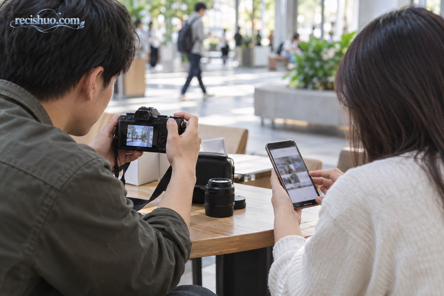 两名买家在公共场所核对交易信息并现场测试二手相机