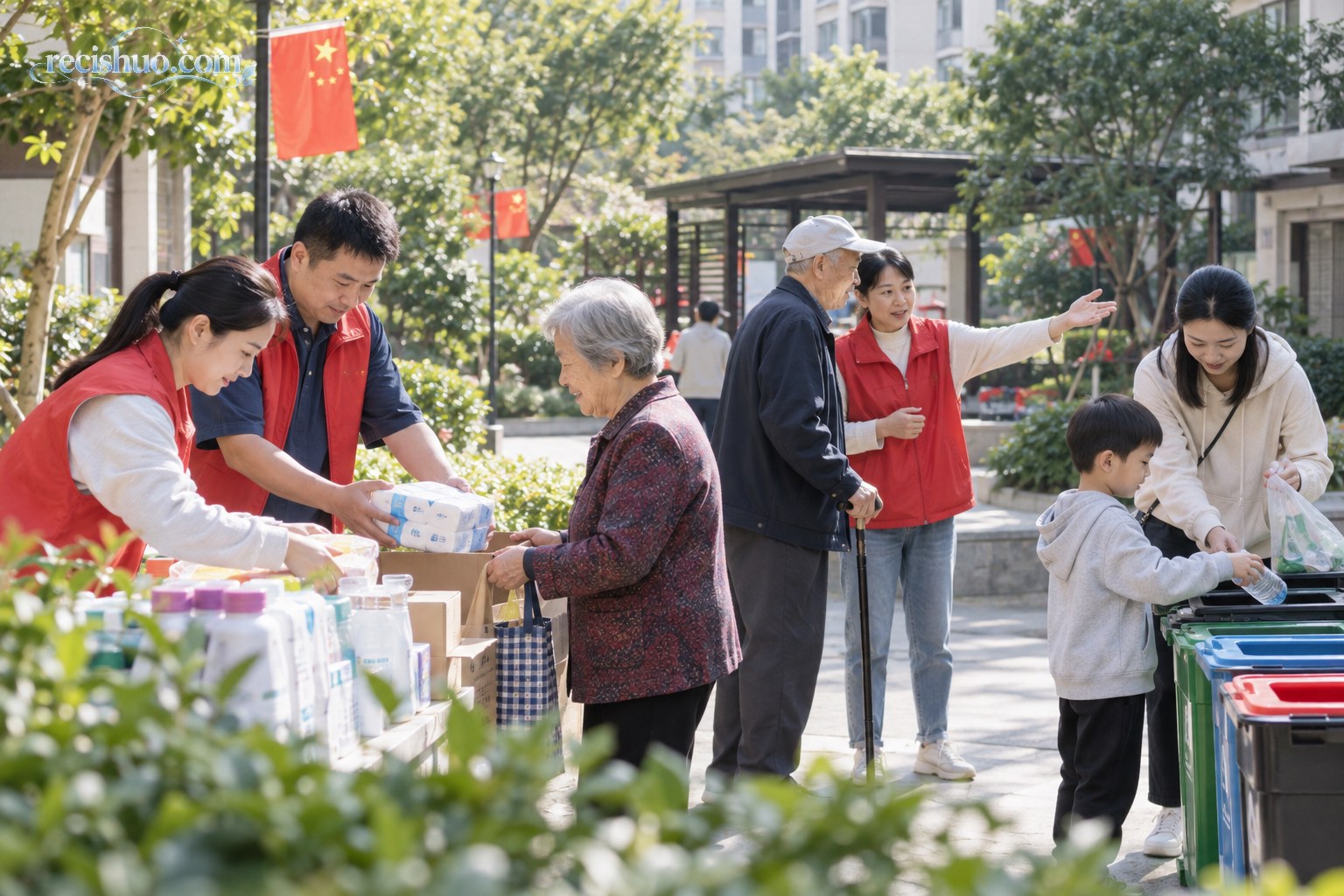 社区居民参与便民服务和垃圾分类，用实际行动传递节日祝福