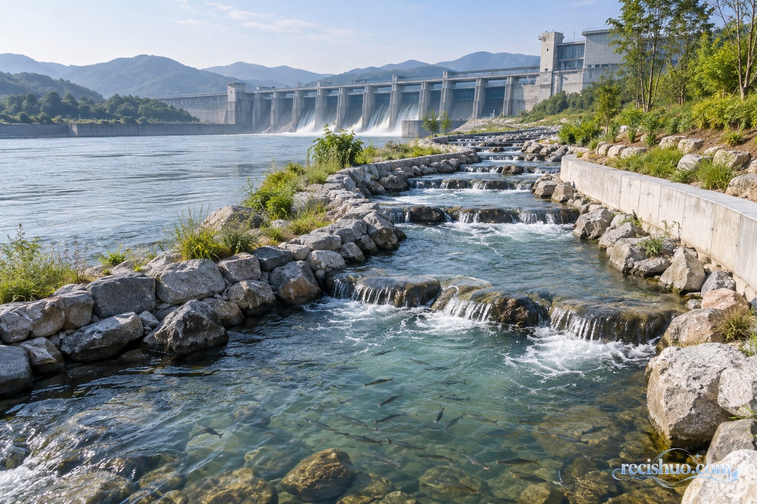大型水利工程旁依河岸修建的自然化阶梯鱼道