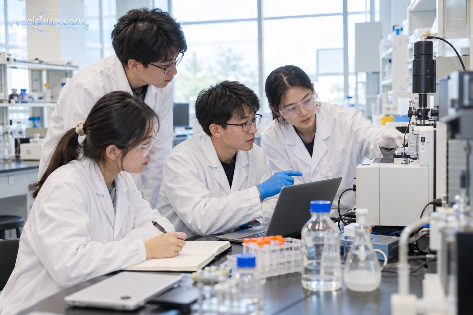 高校学生在现代实验室内协作观察仪器并记录实验数据