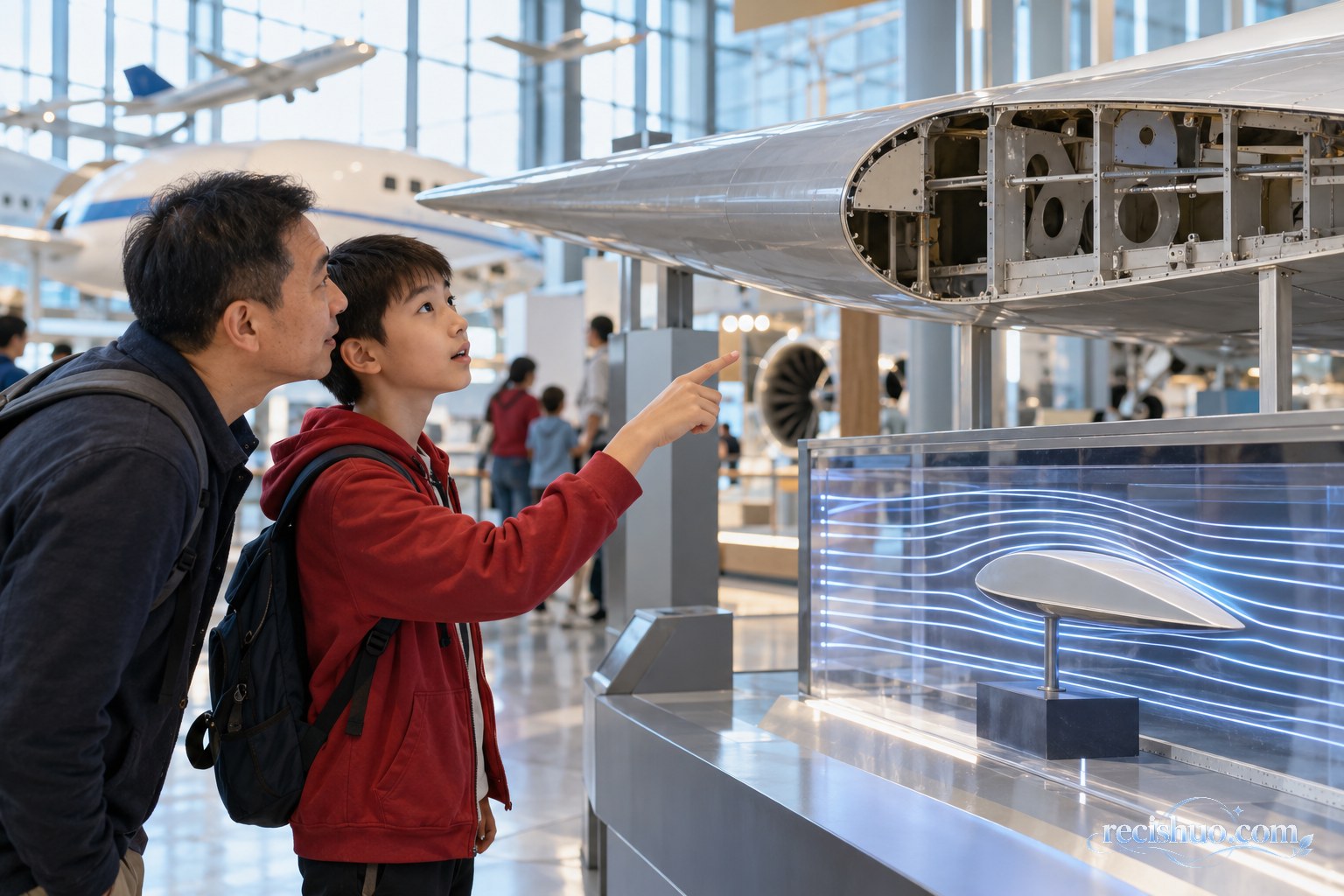 父子在航空科技馆观察机翼剖面与气流演示装置