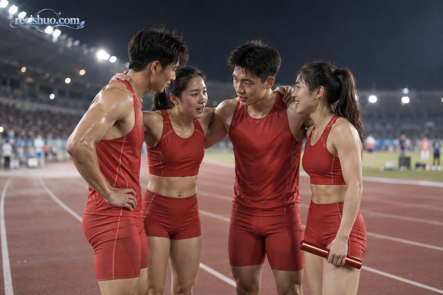 四名男女混合接力运动员赛后在跑道边搭肩交流