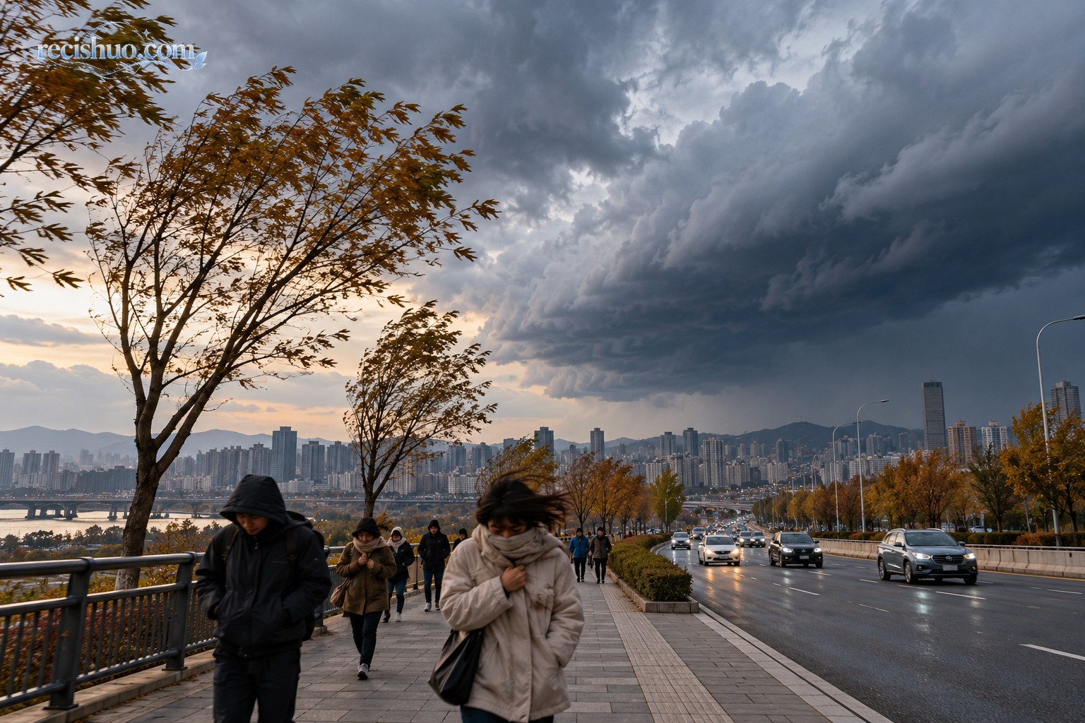 厚重冷云逼近秋日城市,行人与树木在强风中感受明显降温