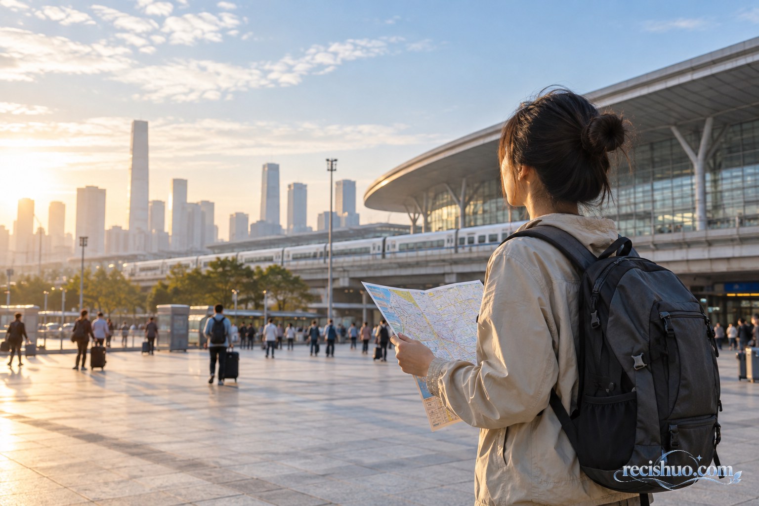 清晨时分,一名背包旅行者手持地图站在城市交通枢纽外准备出发