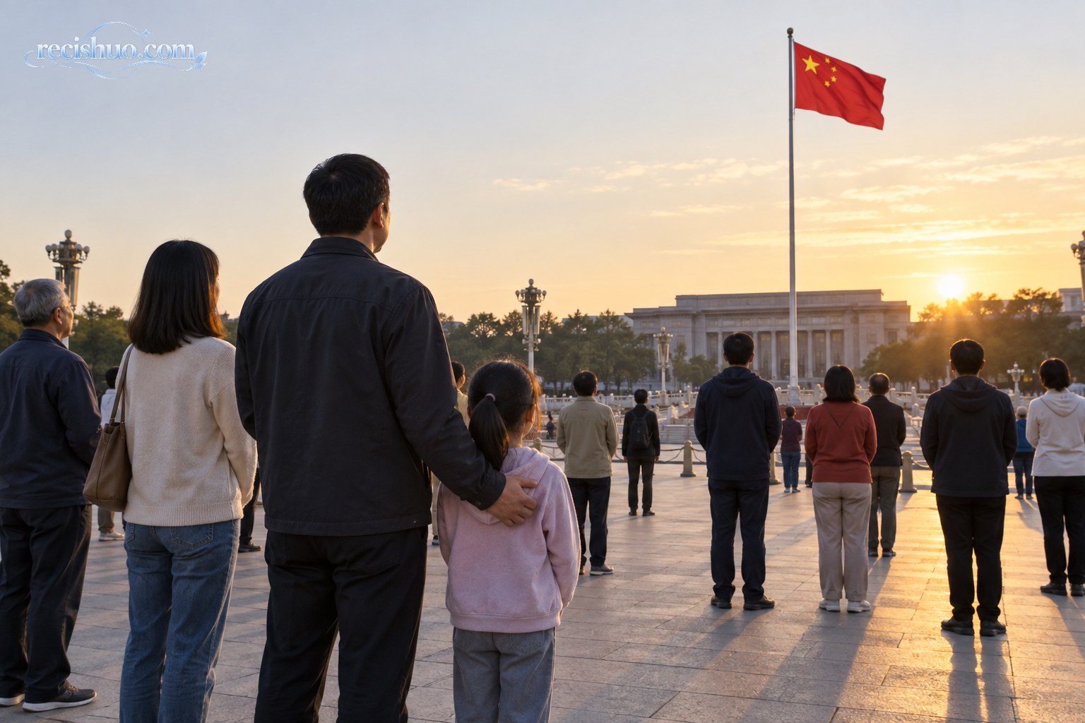 清晨市民在广场安静肃立观看升旗