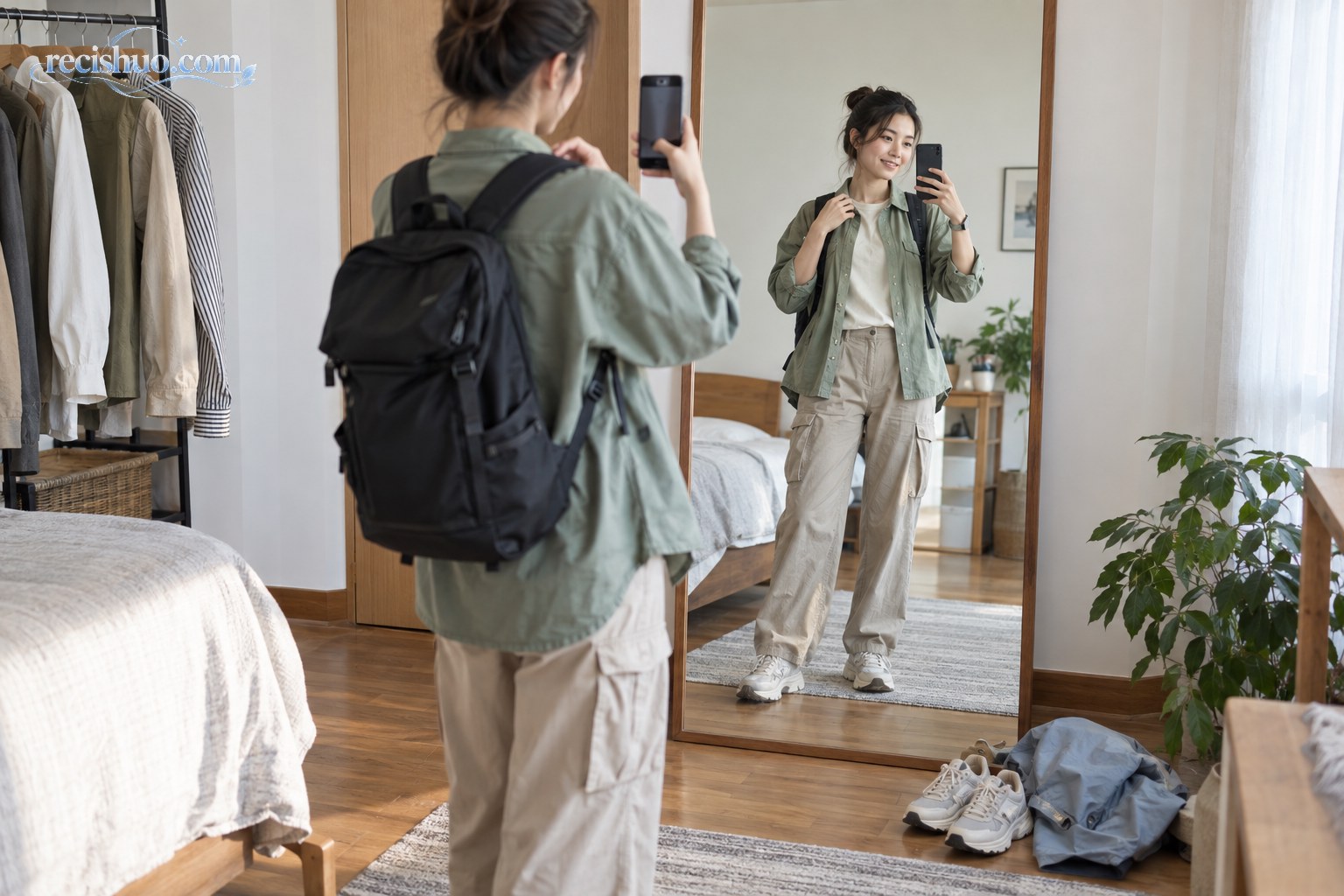旅行者在全身镜前用手机检查穿搭与背包比例