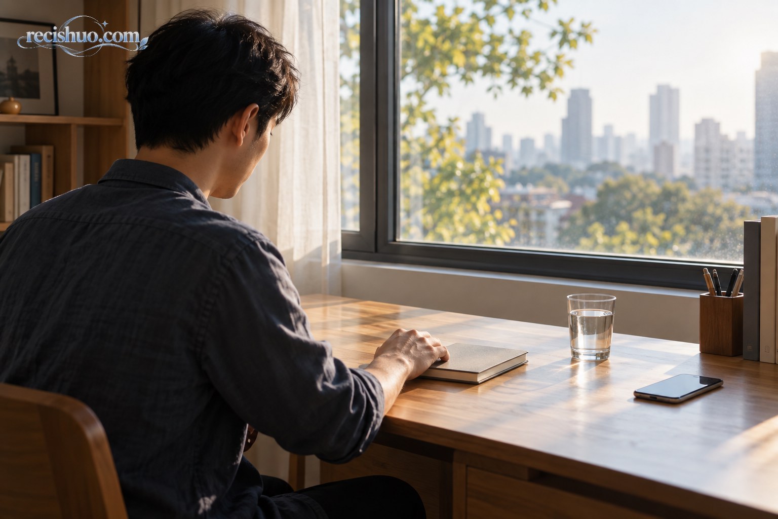 一名男子在清晨的书桌前合上笔记本,窗外可见树影和城市轮廓