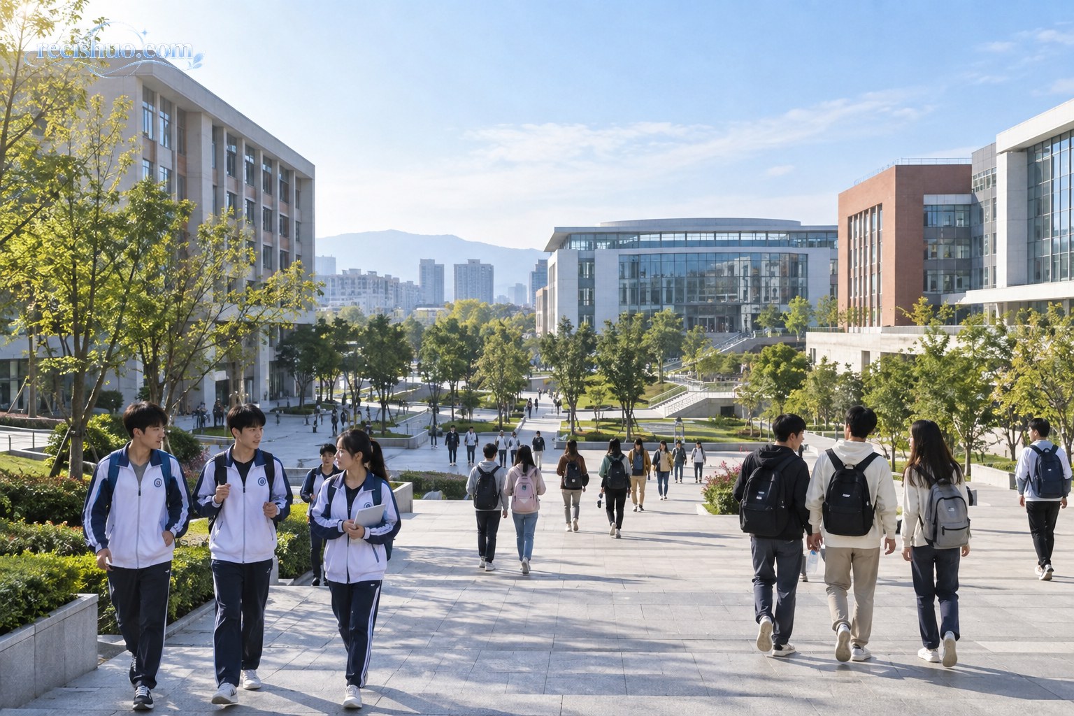 清晨阳光下,不同年龄段学生行走在现代校园教学楼之间