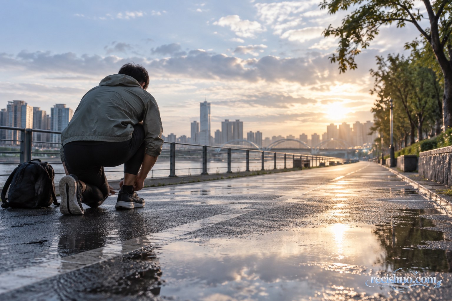 雨后清晨，一名年轻人在河畔步道系紧鞋带准备重新出发