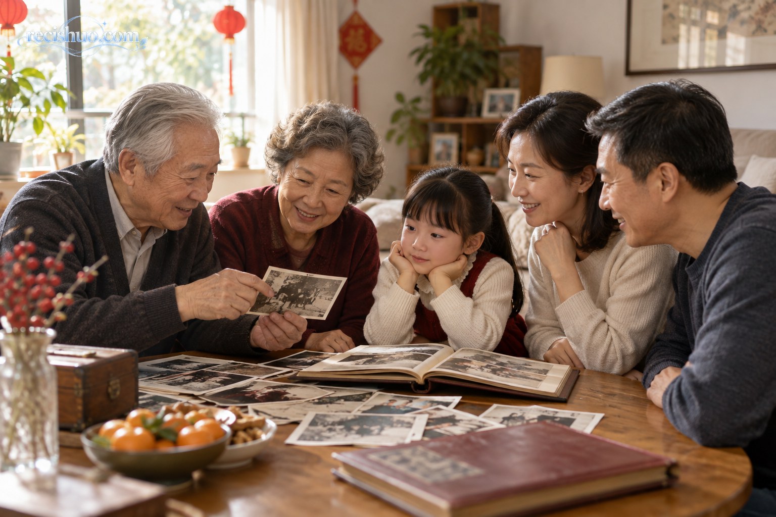 国庆日三代家人围坐桌前翻看相册并交流家庭记忆