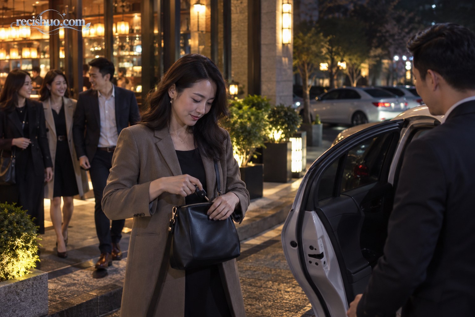 聚餐结束后，一名女子收起车钥匙并准备乘坐其他车辆离开